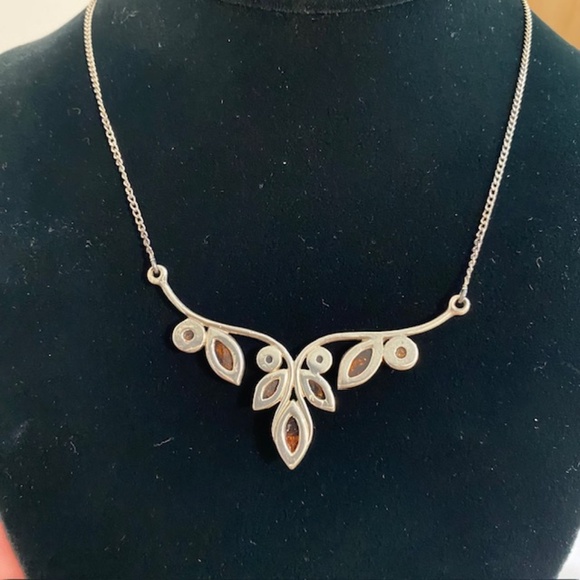 Sterling Silver and Cognac Amber Cabochons Bib Lavaliere Necklace - Picture 3 of 9